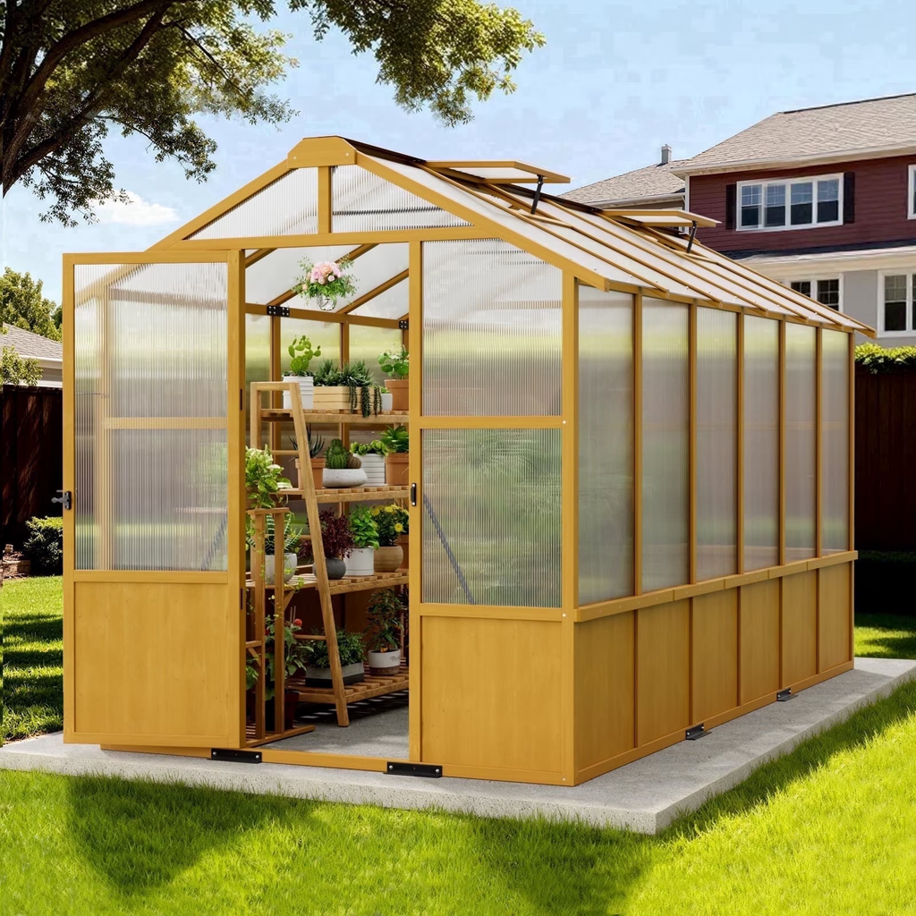 WUKHG 6x12ft Wooden Greenhouse with Pine Wood Frame & Polycarbonate Panels, Walk-In Outdoor Greenhouse with Reinforced Roof, Lockable Door & Roof Vents for Backyard Garden