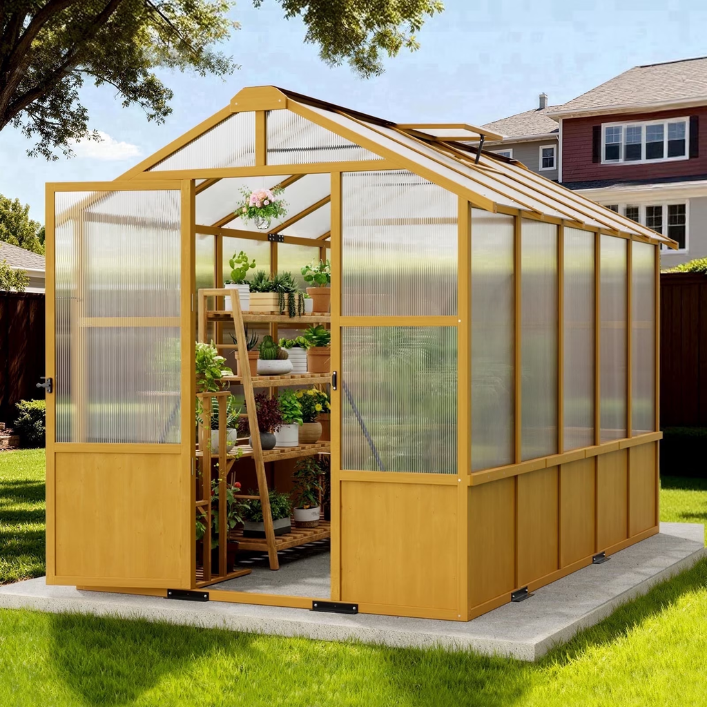 WUKHG 6x10ft Wooden Greenhouse with Pine Wood Frame & Polycarbonate Panels, Walk-In Outdoor Greenhouse with Reinforced Roof, Lockable Door & Roof Vents for Backyard Garden