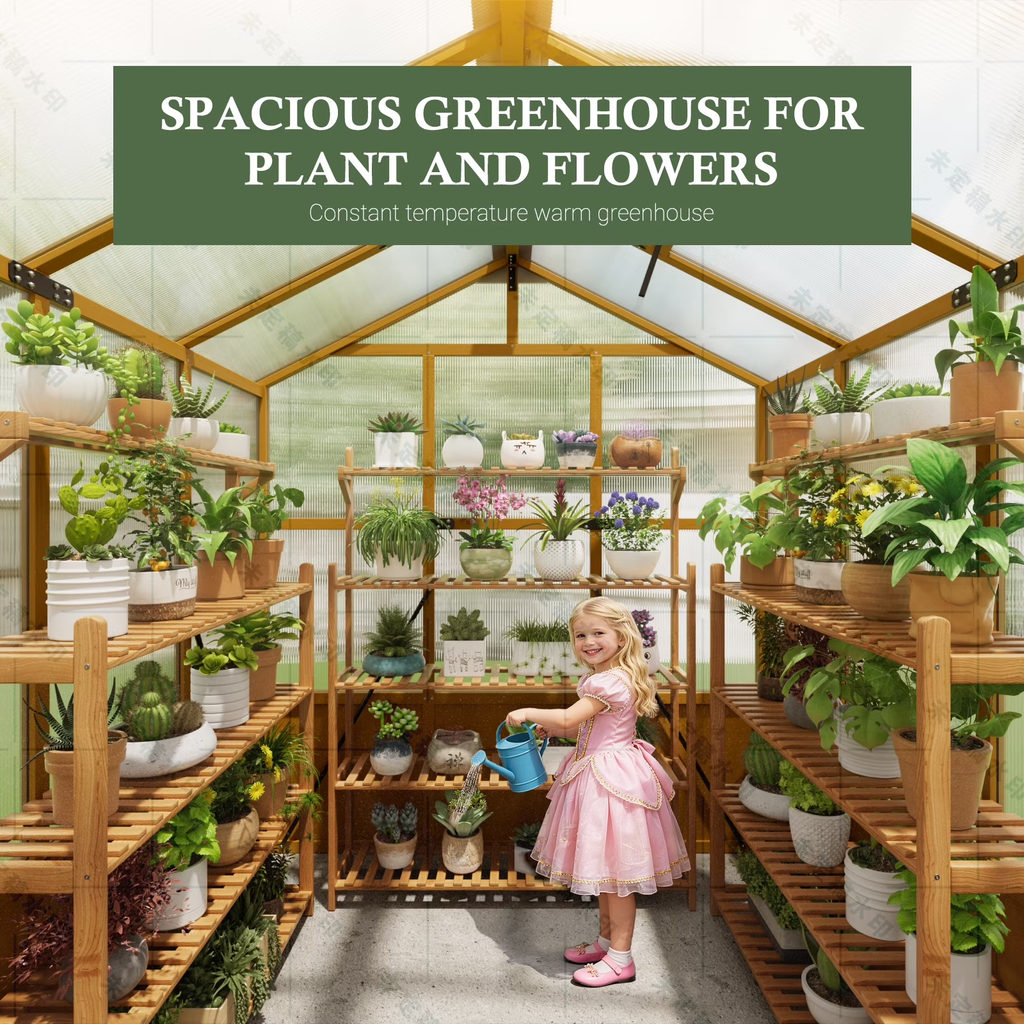 WUKHG 6x10ft Wooden Greenhouse with Pine Wood Frame & Polycarbonate Panels, Walk-In Outdoor Greenhouse with Reinforced Roof, Lockable Door & Roof Vents for Backyard Garden