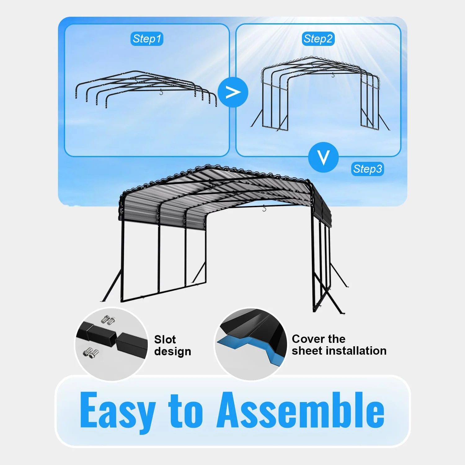 WUKHG 10x15FT Heavy Duty Metal Carport, Outdoor Carport Canopy with Iron Roof, Durable All-Weather Carport for Cars, Trucks, Boats & Outdoor Equipment, Easy Quick-Install Assembly