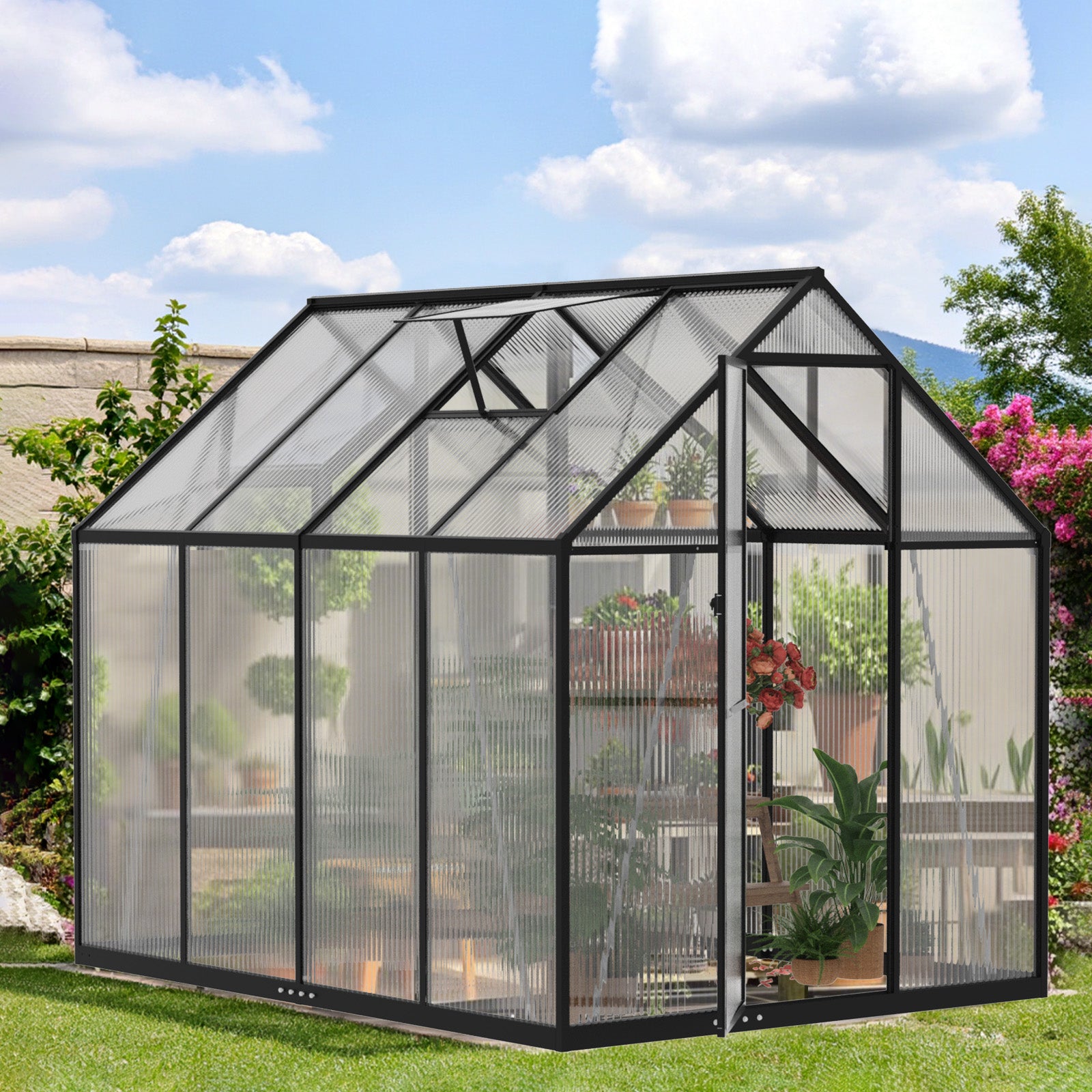 WUKHG 6x7.5FT Outdoor Greenhouse, Heavy-Duty Walk-in Greenhouse for Garden with Reinforced Aluminum Frame, UV-Resistant Polycarbonate Panels, All-Weather Greenhouse for Winter Planting