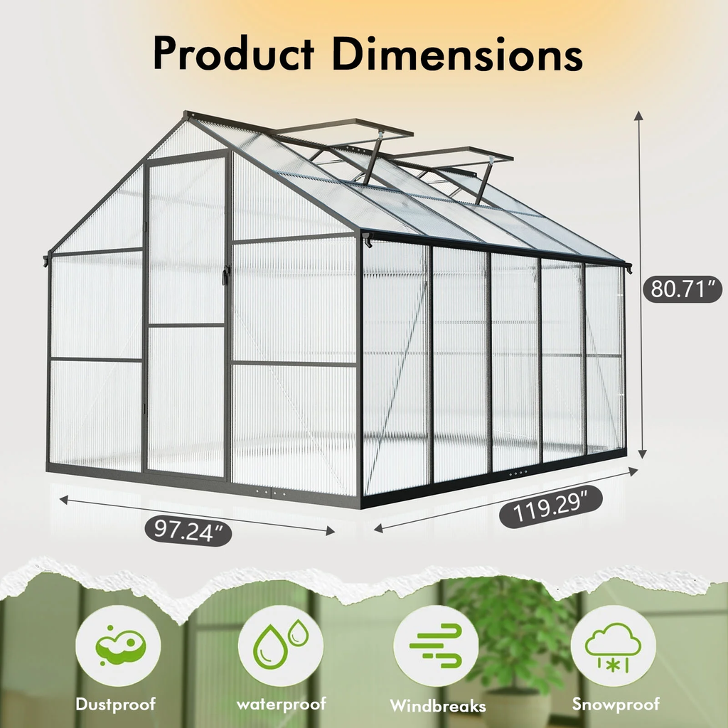 WUKHG 8x10FT Outdoor Greenhouse with Thermometer Hygrometer, Heavy-Duty Walk-in Greenhouse for Garden with Reinforced Aluminum Frame, All-Weather Greenhouse with UV-Resistant Polycarbonate Panels