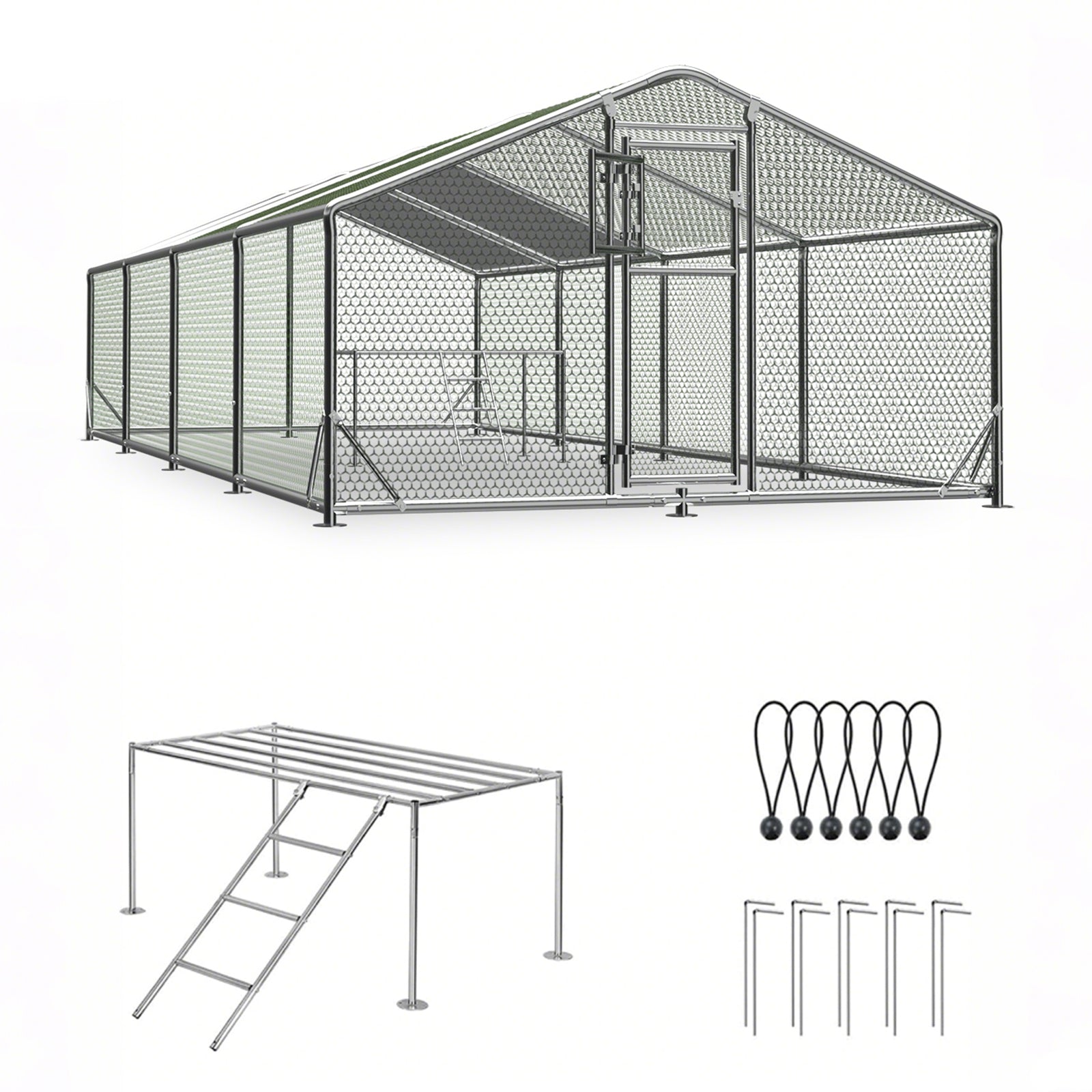 WUKHG Large Walk-In Chicken Coop with Roosting Ladder - 9.8x26.2x6.4FT Metal Chicken Coops with All-Weather Roof, Double Doors, and Predator Protection for Backyard Animals