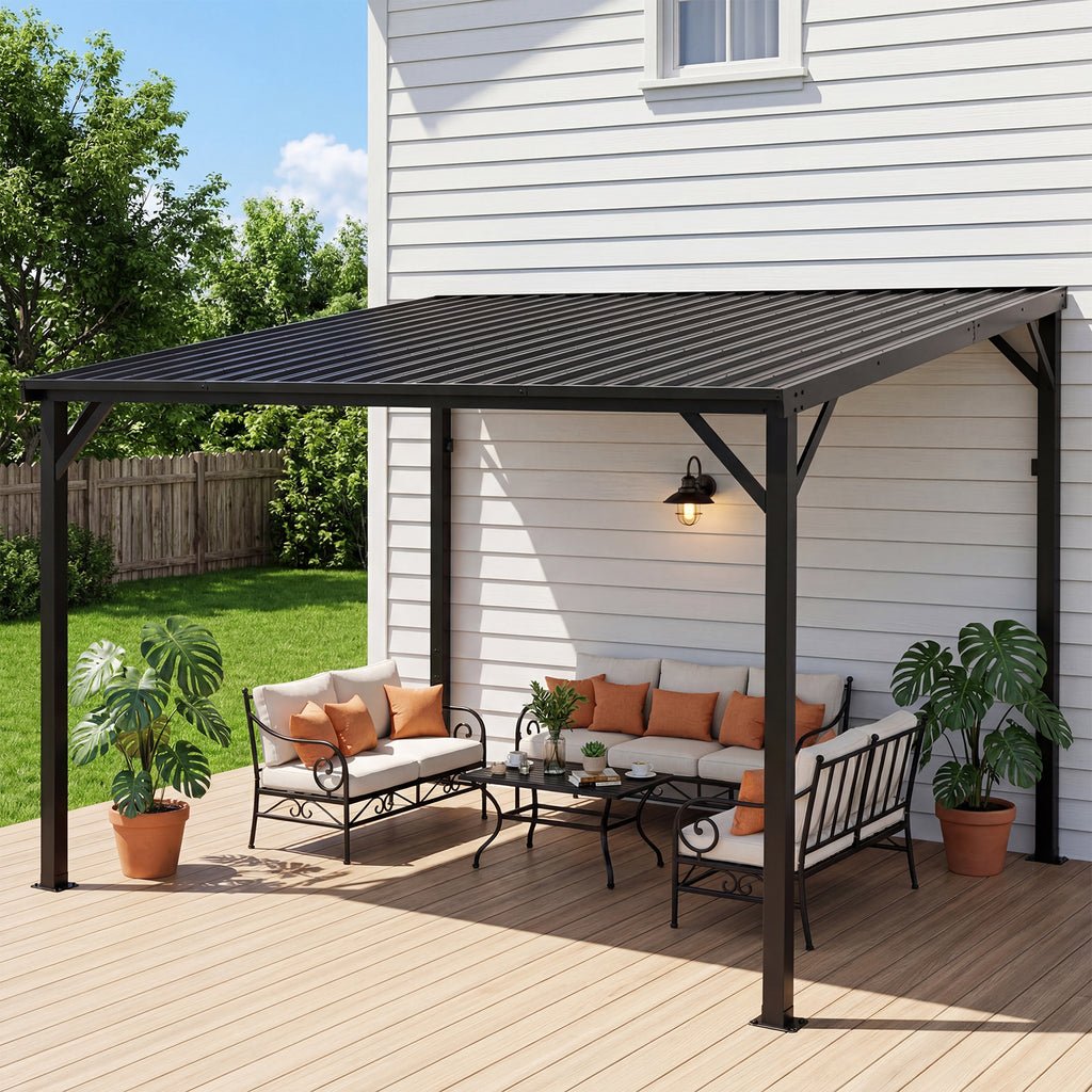 WUKHG 10'x 12' Lean to Gazebo, Outdoor Gazebo with Reinforced Metal Frame and Metal Panel, Hardtop Gazebos with Drainage Channel, for Backyard, Porch, Deck