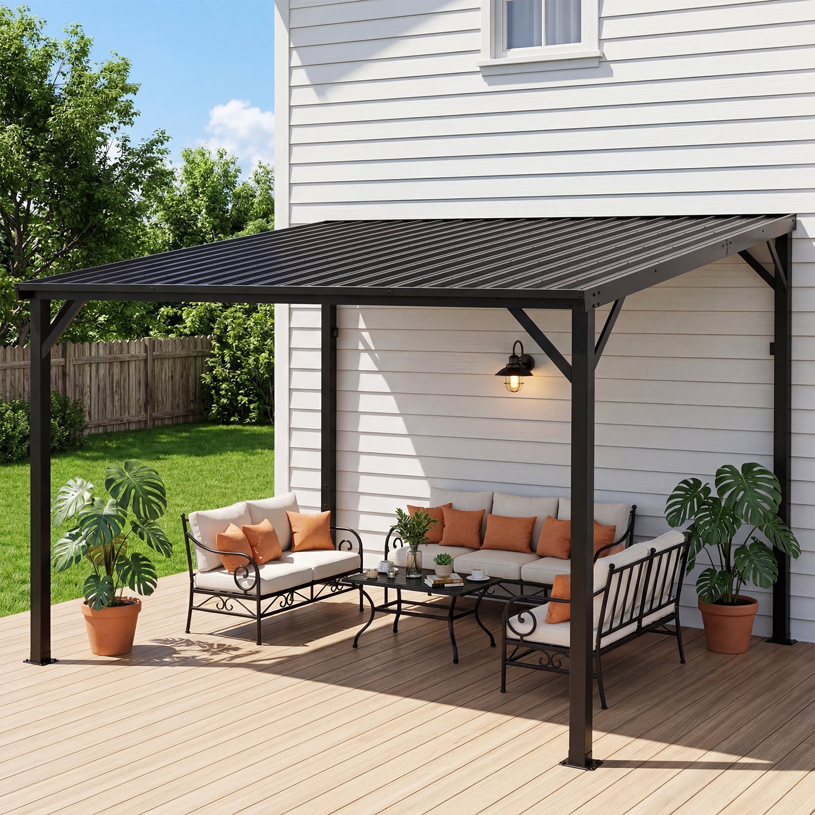 WUKHG 10'x 12' Lean to Gazebo, Outdoor Gazebo with Reinforced Metal Frame and Metal Panel, Hardtop Gazebos with Drainage Channel, for Backyard, Porch, Deck