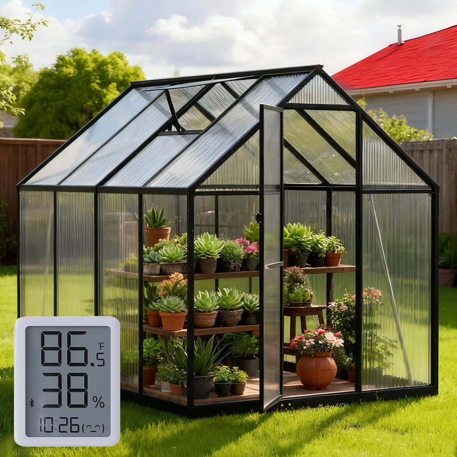 WUKHG 6x7.5FT Outdoor Greenhouse with Thermometer Hygrometer, Heavy-Duty Walk-in Greenhouse for Garden with Reinforced Aluminum Frame, All-Weather Greenhouse with UV-Resistant Polycarbonate Panels