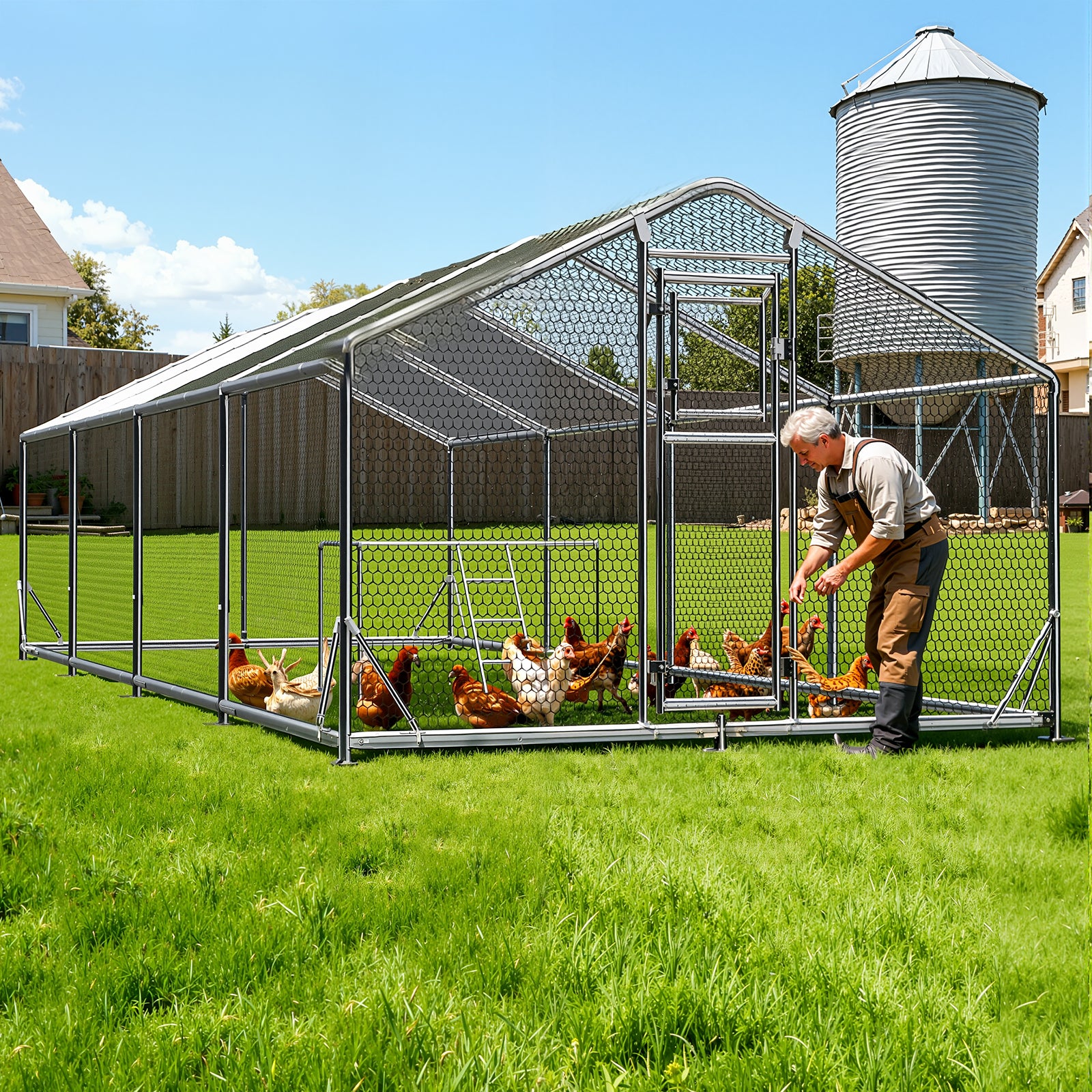 WUKHG Large Walk-In Chicken Coop with Roosting Ladder - 9.8x26.2x6.4FT Metal Chicken Coops with All-Weather Roof, Double Doors, and Predator Protection for Backyard Animals