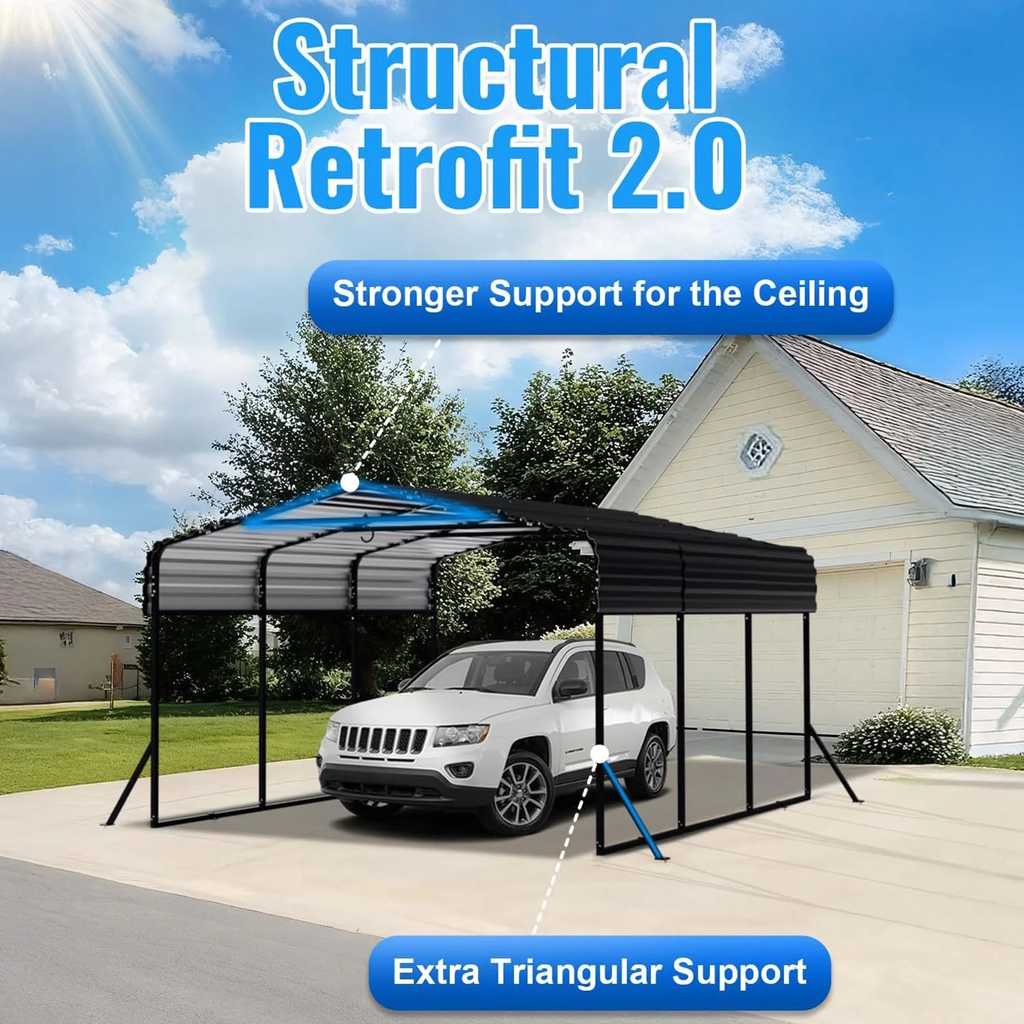 WUKHG 10x15FT Heavy Duty Metal Carport, Outdoor Carport Canopy with Iron Roof, Durable All-Weather Carport for Cars, Trucks, Boats & Outdoor Equipment, Easy Quick-Install Assembly