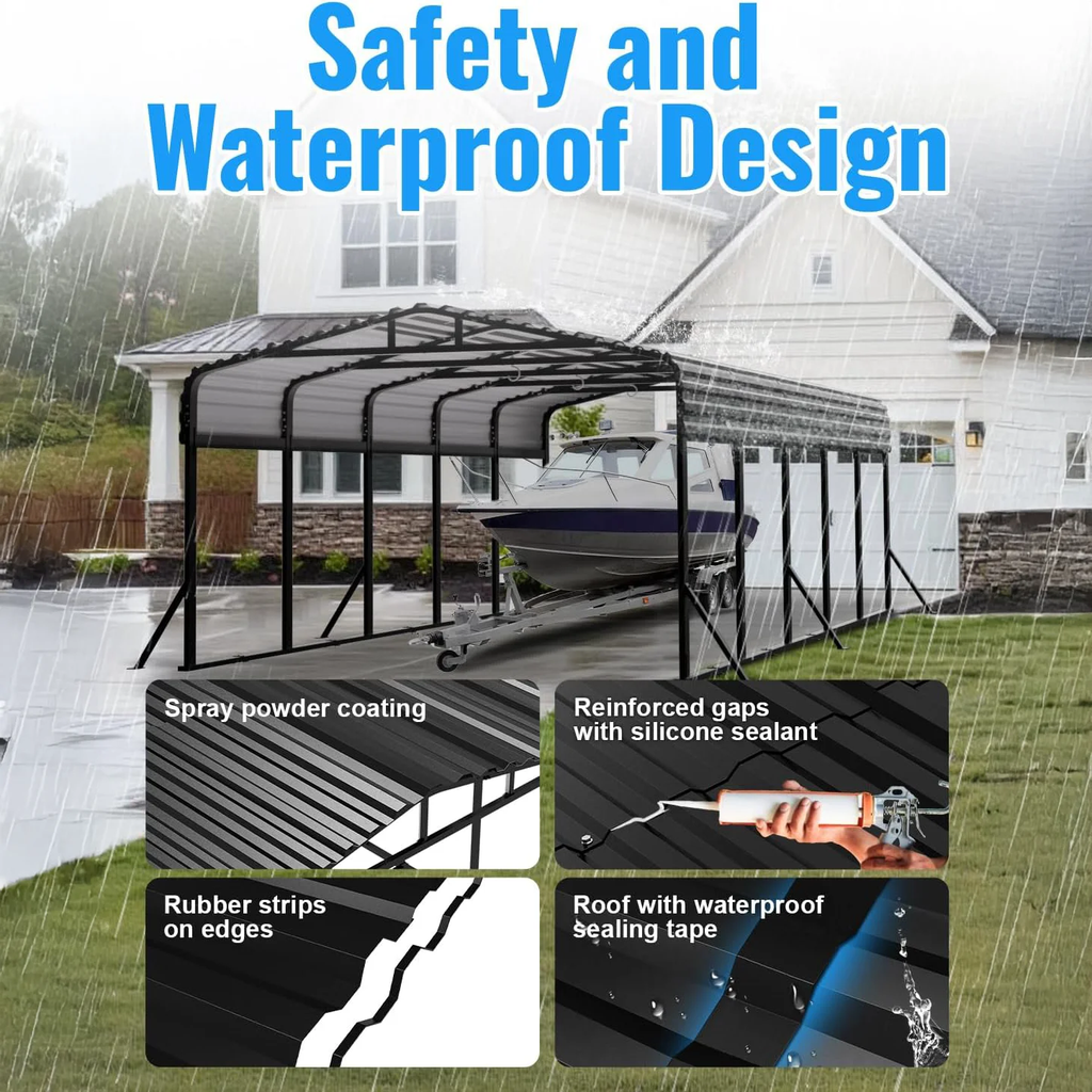 WUKHG 12x25FT Heavy Duty Metal Carport, Outdoor Carport Canopy with Iron Roof, Durable All-Weather Carport for Cars, Trucks, Boats & Outdoor Equipment, Easy Quick-Install Assembly