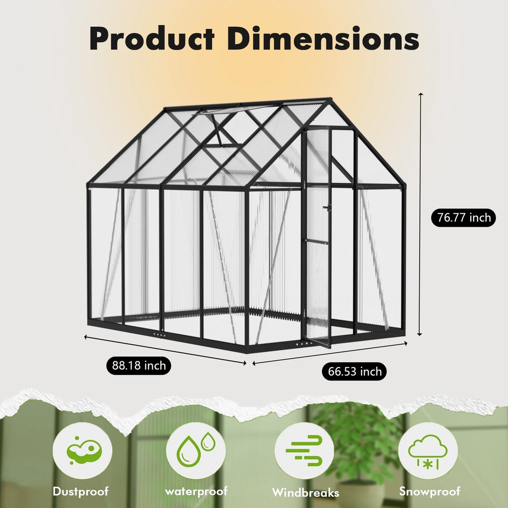 WUKHG 6x7.5FT Outdoor Greenhouse with Thermometer Hygrometer, Heavy-Duty Walk-in Greenhouse for Garden with Reinforced Aluminum Frame, All-Weather Greenhouse with UV-Resistant Polycarbonate Panels