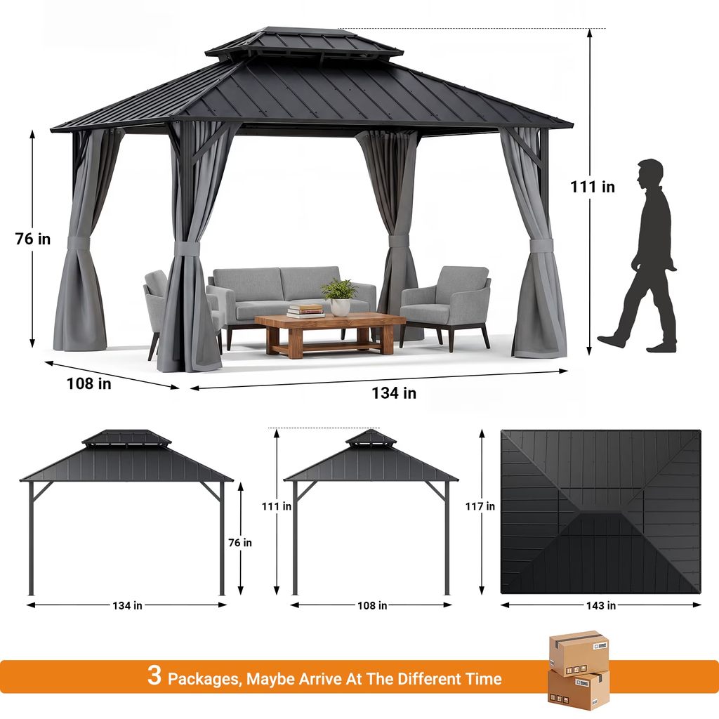 WUKHG 10' x 12' Hardtop Gazebo, Steel Shingle Double-Layer Roof, Iron Frame, with Curtains and Screen, Suitable for Patios, Gardens and Backyards