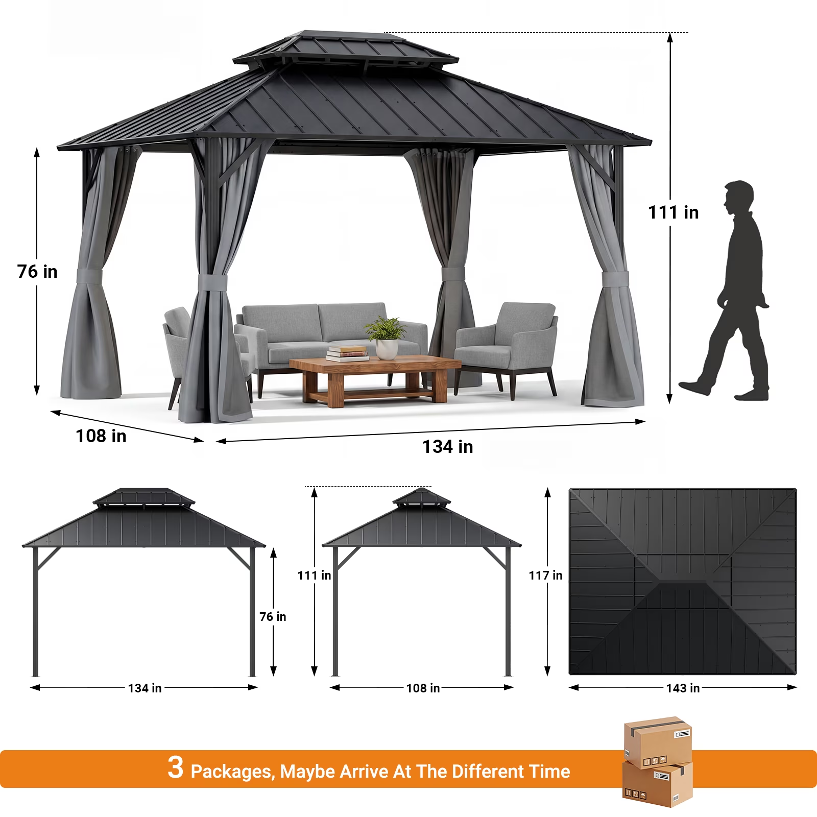 WUKHG 10' x 12' Hardtop Gazebo, Steel Shingle Double-Layer Roof, Iron Frame, with Curtains and Screen, Suitable for Patios, Gardens and Backyards