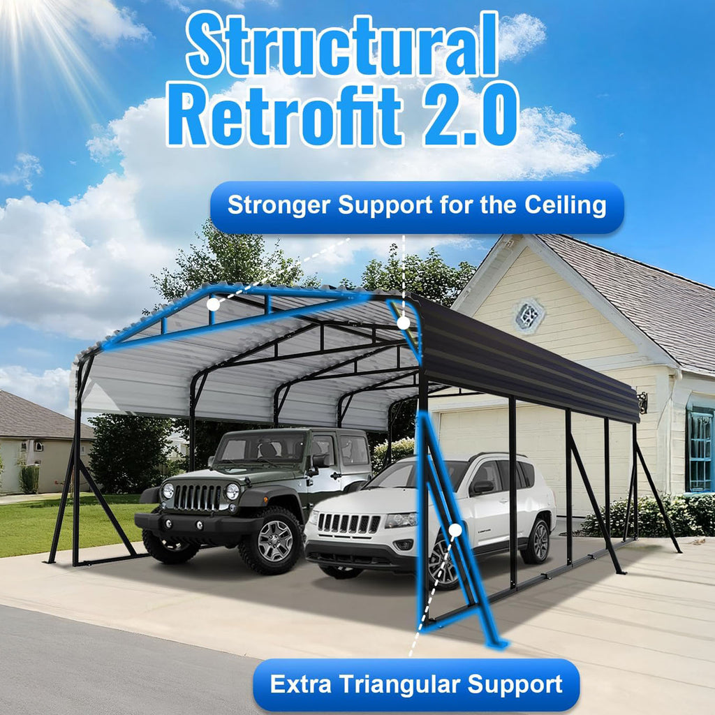 WUKHG 20x20FT Heavy Duty Metal Carport, Outdoor Carport Canopy with Iron Roof, Durable All-Weather Carport for Cars, Trucks, Boats & Outdoor Equipment, Easy Quick-Install Assembly
