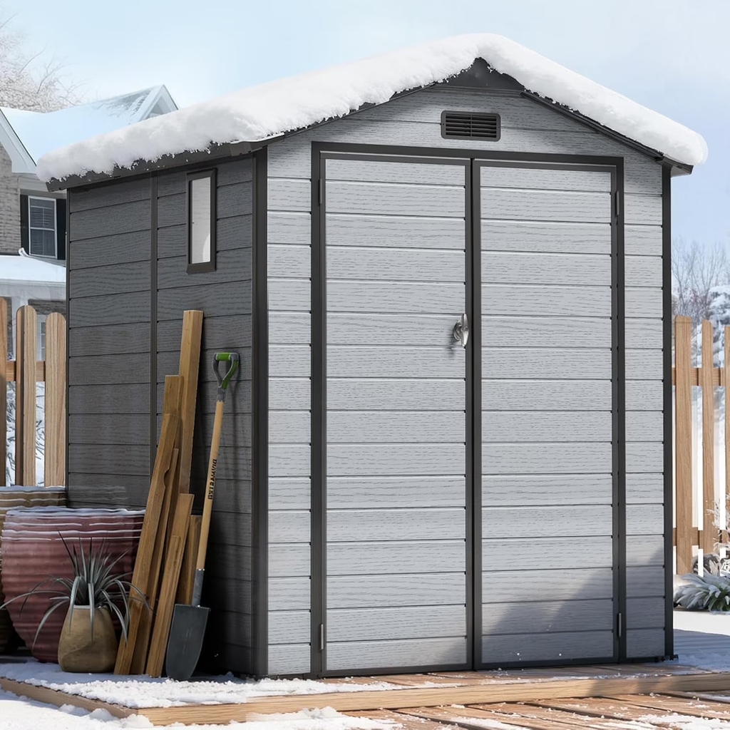 WUKHG 6x6FT Resin Shed with Floor, Weather-Resistant Plastic Garden Shed for Backyard, Waterproof UV-Proof Outdoor Storage Shed for Tools, Bikes & Equipment