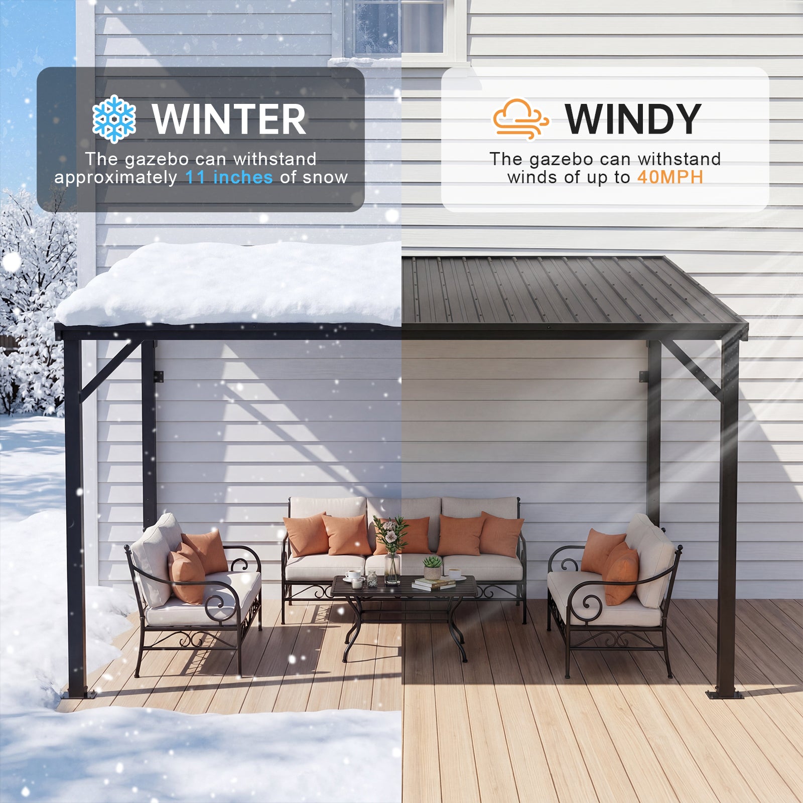 WUKHG 10'x 12' Lean to Gazebo, Outdoor Gazebo with Reinforced Metal Frame and Metal Panel, Hardtop Gazebos with Drainage Channel, for Backyard, Porch, Deck
