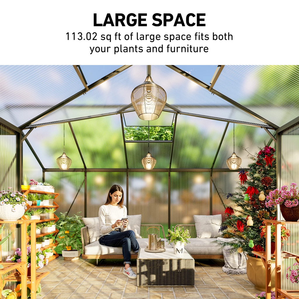 WUKHG 12X12 ft T-Shape Heavy Duty Walk-in Greenhouse | Windproof Aluminum ter | Adjustable Roof Vents | Easy Assembly for Backyard GardenFrame | Built-in Thermometer Hygrome