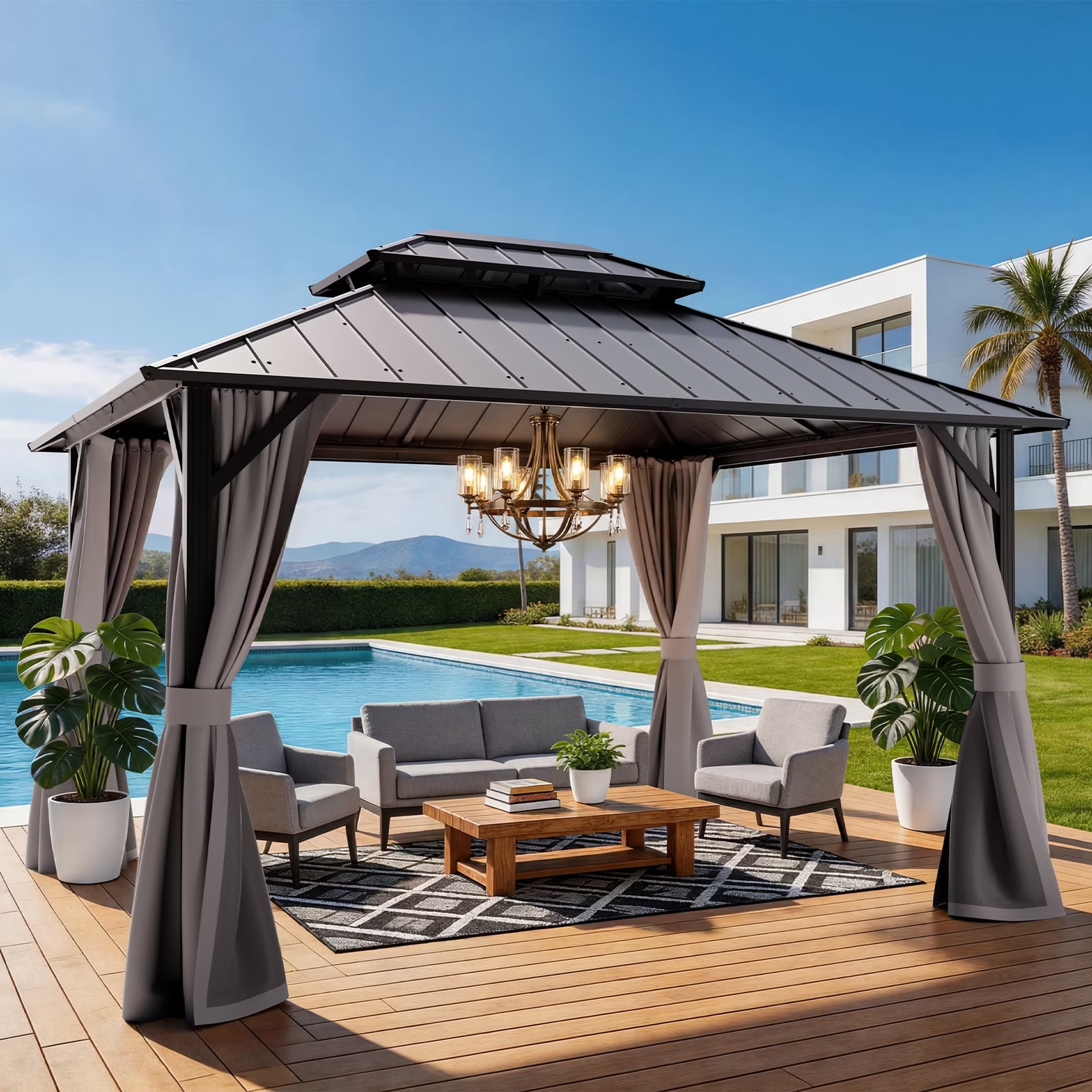 WUKHG 10' x 12' Hardtop Gazebo, Steel Shingle Double-Layer Roof, Iron Frame, with Curtains and Screen, Suitable for Patios, Gardens and Backyards