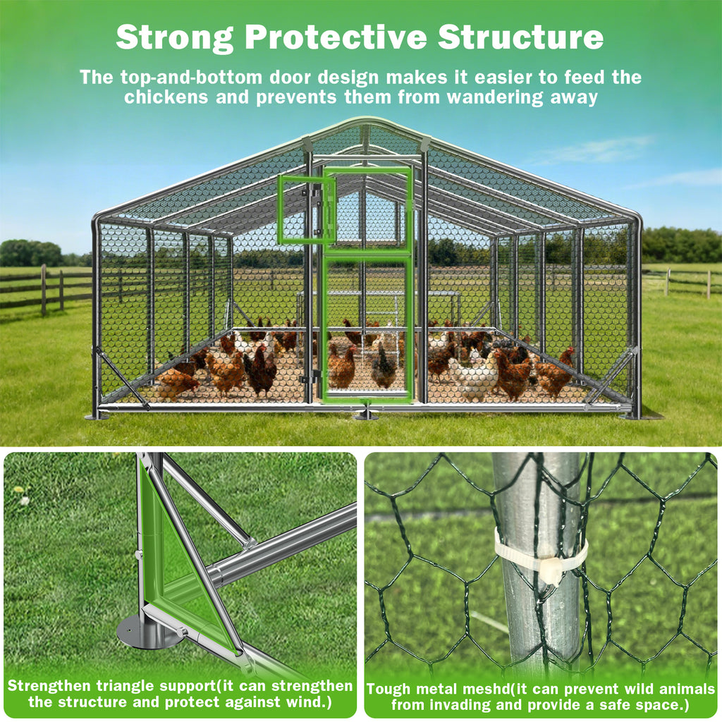 WUKHG Large Walk-In Chicken Coop with Roosting Ladder - 9.8x26.2x6.4FT Metal Chicken Coops with All-Weather Roof, Double Doors, and Predator Protection for Backyard Animals