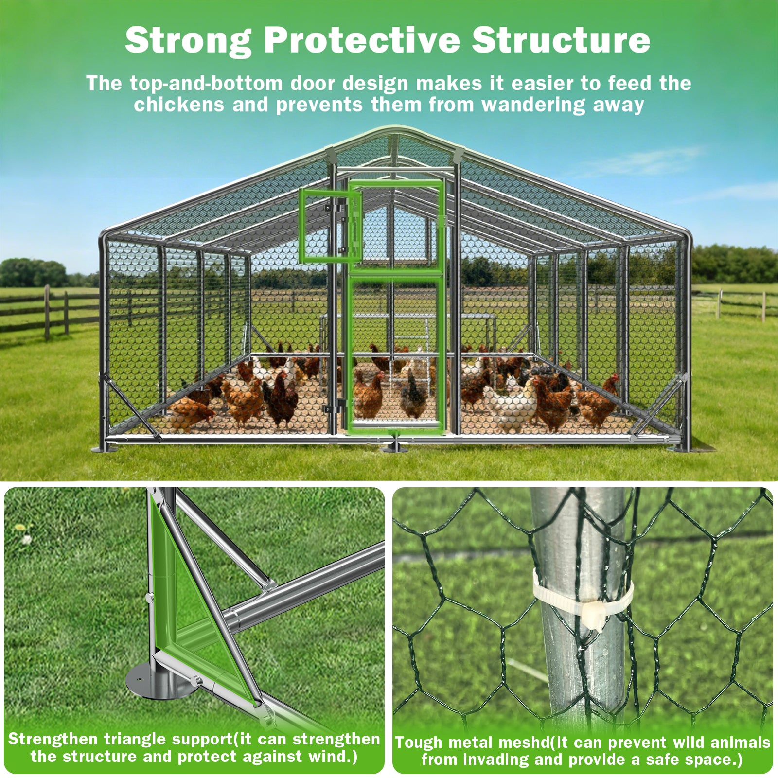 WUKHG Large Walk-In Chicken Coop with Roosting Ladder - 9.8x26.2x6.4FT Metal Chicken Coops with All-Weather Roof, Double Doors, and Predator Protection for Backyard Animals