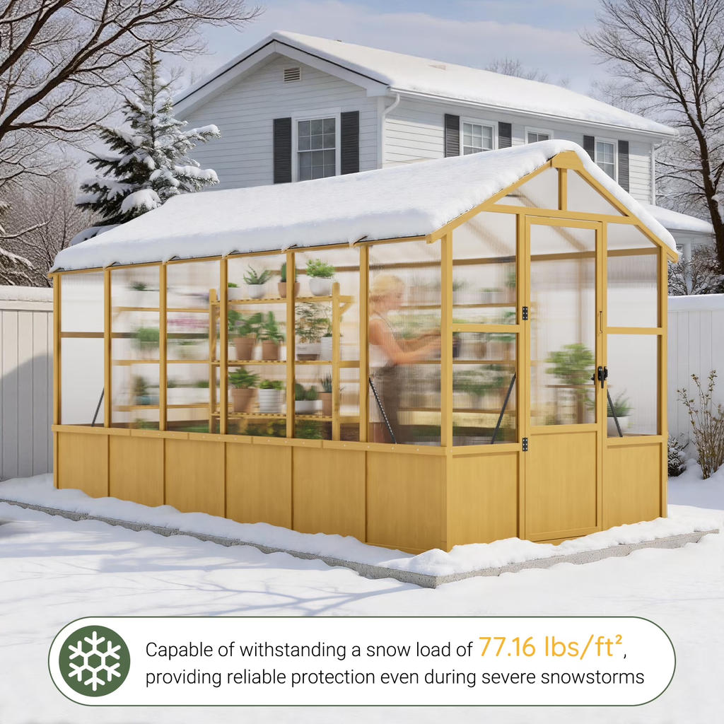 WUKHG 6x12ft Wooden Greenhouse with Pine Wood Frame & Polycarbonate Panels, Walk-In Outdoor Greenhouse with Reinforced Roof, Lockable Door & Roof Vents for Backyard Garden