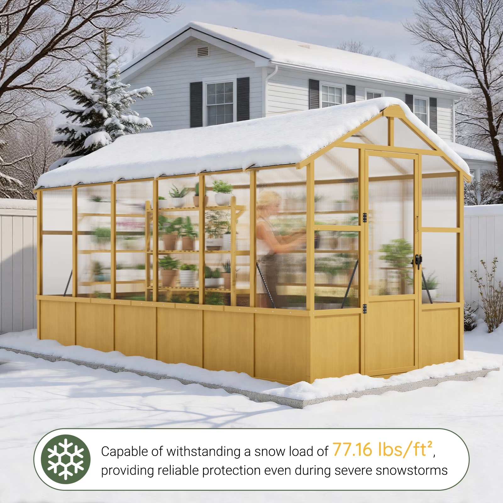 WUKHG 6x12ft Wooden Greenhouse with Pine Wood Frame & Polycarbonate Panels, Walk-In Outdoor Greenhouse with Reinforced Roof, Lockable Door & Roof Vents for Backyard Garden