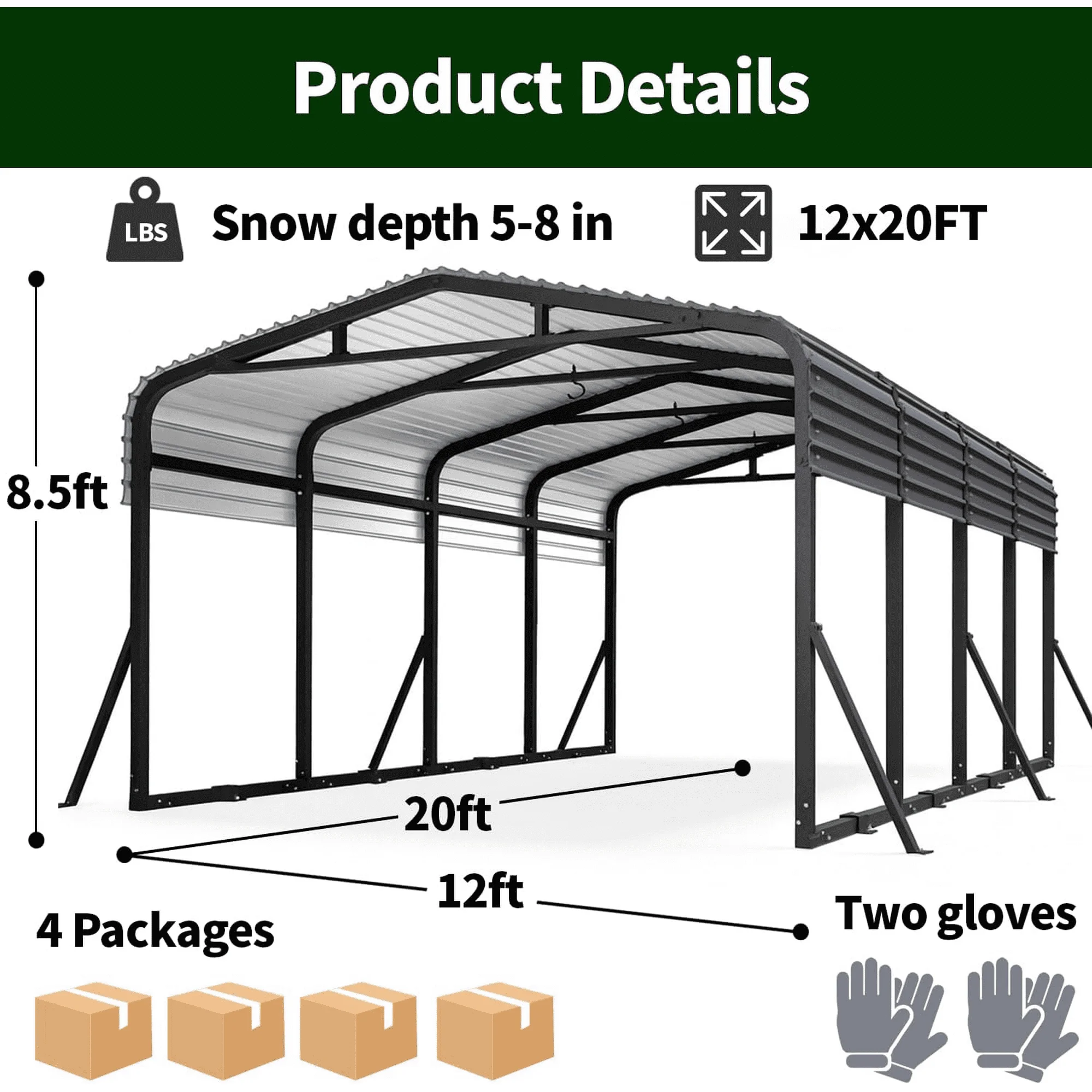 WUKHG 12x20FT Heavy Duty Metal Carport, Outdoor Carport Canopy with Iron Roof, Durable All-Weather Carport for Cars, Trucks, Boats & Outdoor Equipment, Easy Quick-Install Assembly
