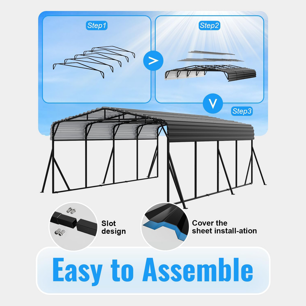 WUKHG 20x20FT Heavy Duty Metal Carport, Outdoor Carport Canopy with Iron Roof, Durable All-Weather Carport for Cars, Trucks, Boats & Outdoor Equipment, Easy Quick-Install Assembly