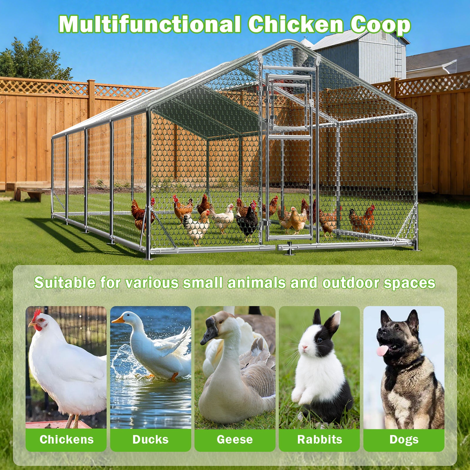 WUKHG Large Walk-In Chicken Coop with Roosting Ladder - 9.8x26.2x6.4FT Metal Chicken Coops with All-Weather Roof, Double Doors, and Predator Protection for Backyard Animals