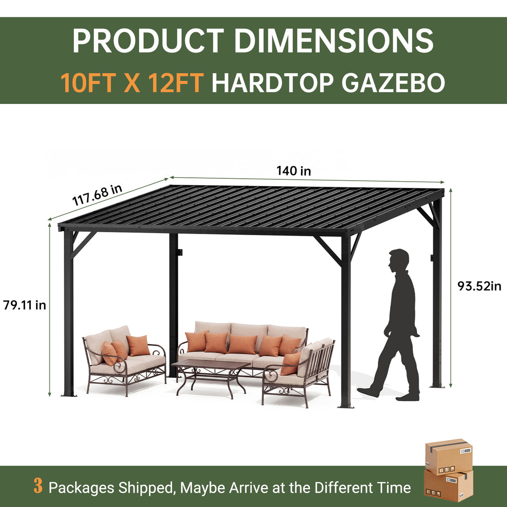 WUKHG 10'x 12' Lean to Gazebo, Outdoor Gazebo with Reinforced Metal Frame and Metal Panel, Hardtop Gazebos with Drainage Channel, for Backyard, Porch, Deck