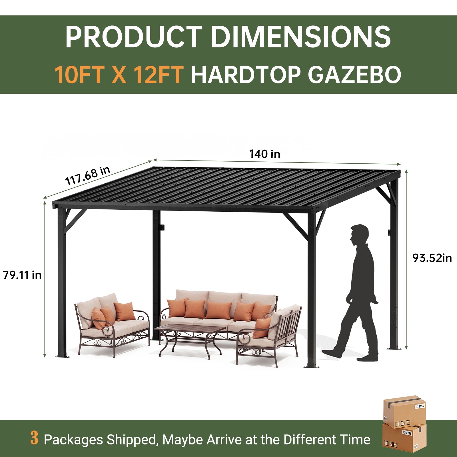 WUKHG 10'x 12' Lean to Gazebo, Outdoor Gazebo with Reinforced Metal Frame and Metal Panel, Hardtop Gazebos with Drainage Channel, for Backyard, Porch, Deck