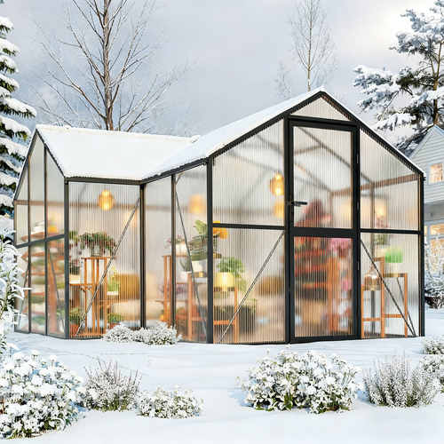 WUKHG 12X12 ft T-Shape Heavy Duty Walk-in Greenhouse | Windproof Aluminum ter | Adjustable Roof Vents | Easy Assembly for Backyard GardenFrame | Built-in Thermometer Hygrome