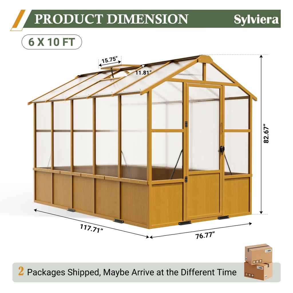 WUKHG 6x10ft Wooden Greenhouse with Pine Wood Frame & Polycarbonate Panels, Walk-In Outdoor Greenhouse with Reinforced Roof, Lockable Door & Roof Vents for Backyard Garden