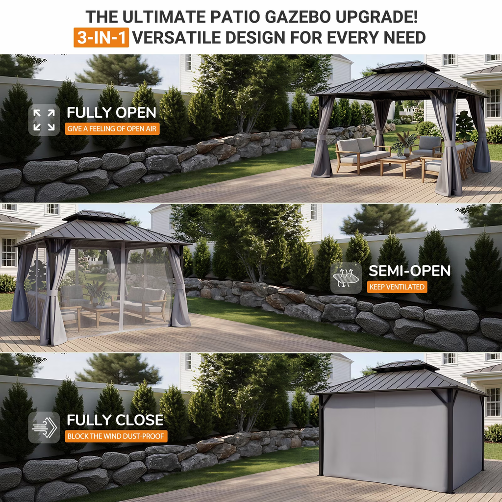 WUKHG 10' x 12' Hardtop Gazebo, Steel Shingle Double-Layer Roof, Iron Frame, with Curtains and Screen, Suitable for Patios, Gardens and Backyards