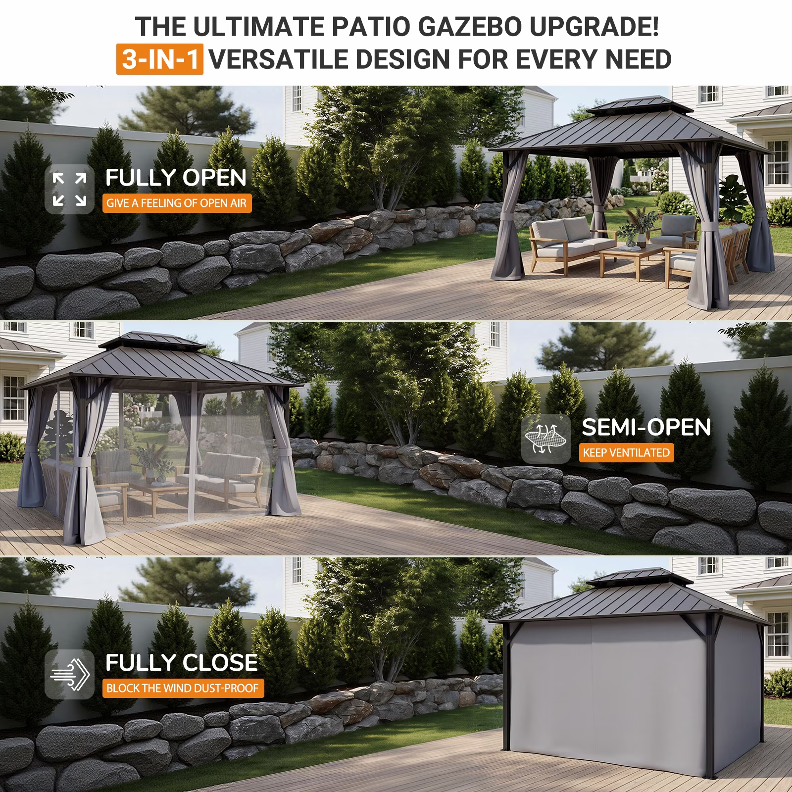 WUKHG 10' x 12' Hardtop Gazebo, Steel Shingle Double-Layer Roof, Iron Frame, with Curtains and Screen, Suitable for Patios, Gardens and Backyards