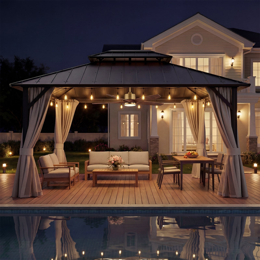 WUKHG 10' x 12' Hardtop Gazebo, Steel Shingle Double-Layer Roof, Iron Frame, with Curtains and Screen, Suitable for Patios, Gardens and Backyards