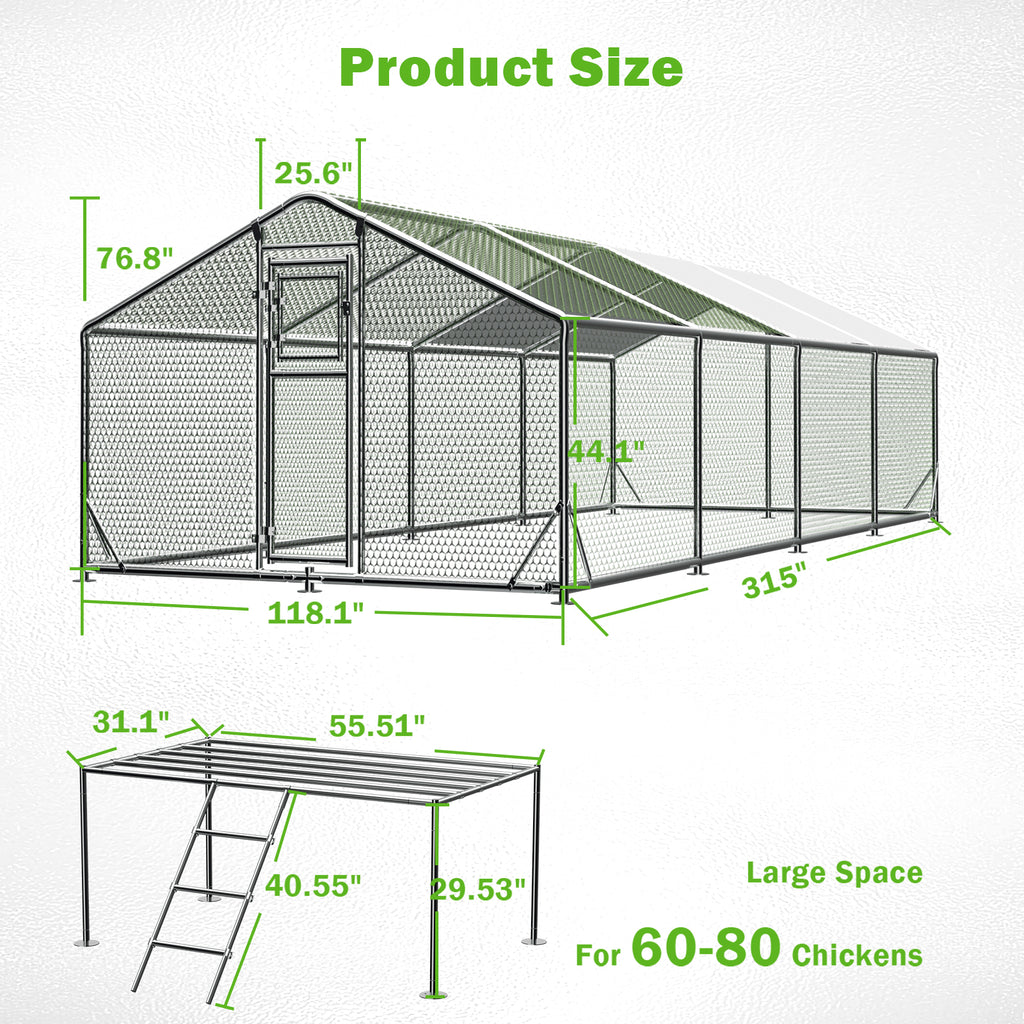 WUKHG Large Walk-In Chicken Coop with Roosting Ladder - 9.8x26.2x6.4FT Metal Chicken Coops with All-Weather Roof, Double Doors, and Predator Protection for Backyard Animals