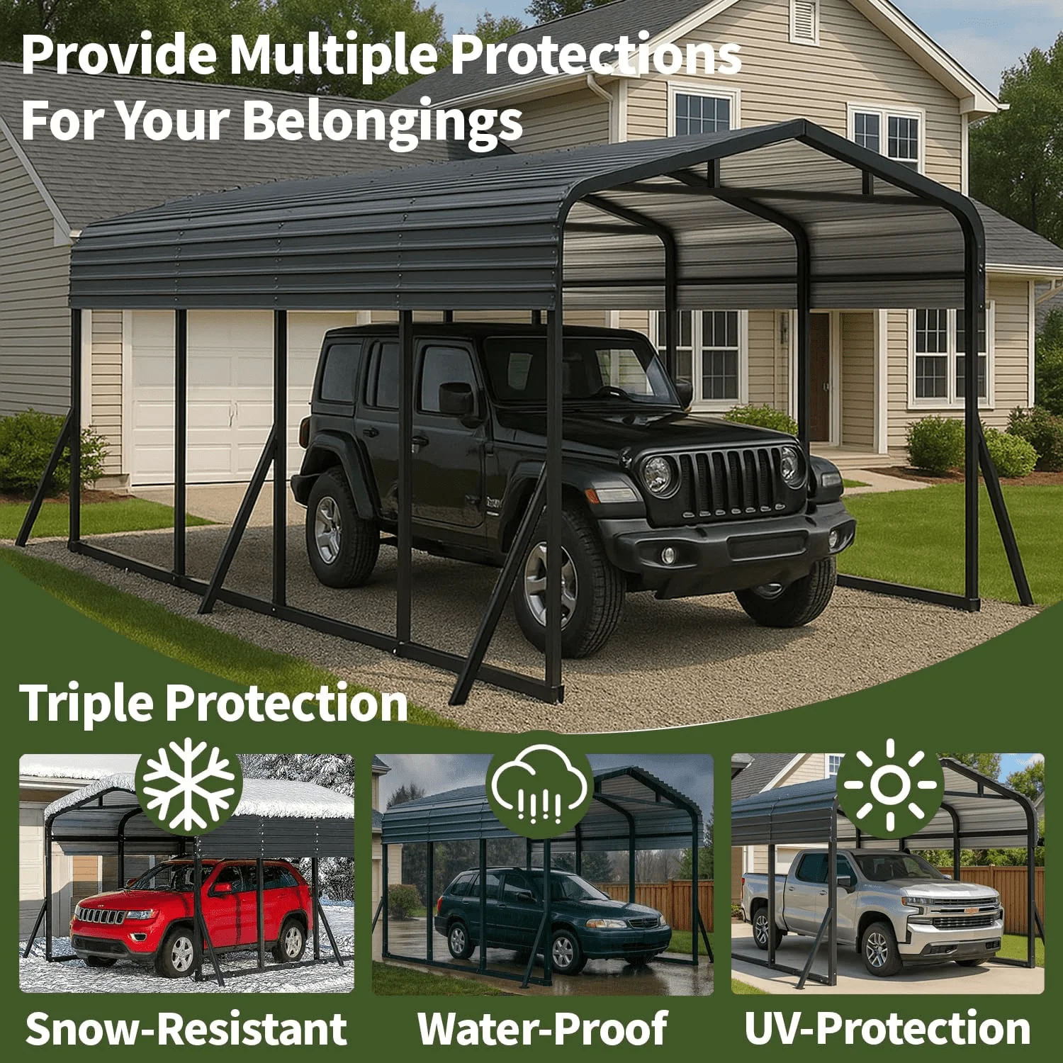 WUKHG 12x20FT Heavy Duty Metal Carport, Outdoor Carport Canopy with Iron Roof, Durable All-Weather Carport for Cars, Trucks, Boats & Outdoor Equipment, Easy Quick-Install Assembly