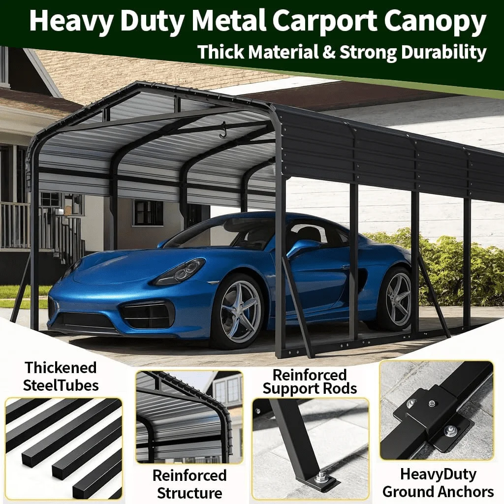WUKHG 12x20FT Heavy Duty Metal Carport, Outdoor Carport Canopy with Iron Roof, Durable All-Weather Carport for Cars, Trucks, Boats & Outdoor Equipment, Easy Quick-Install Assembly