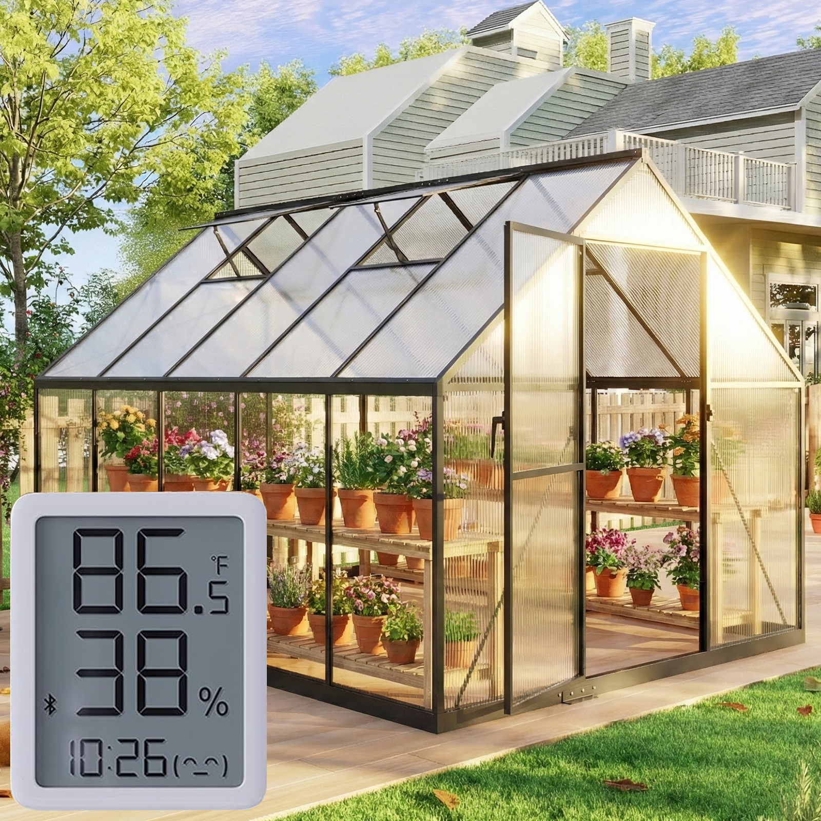 WUKHG 6x10FT Outdoor Greenhouse with Thermometer Hygrometer, Heavy-Duty Walk-in Greenhouse for Garden with Reinforced Aluminum Frame, All-Weather Greenhouse with UV-Resistant Polycarbonate Panels