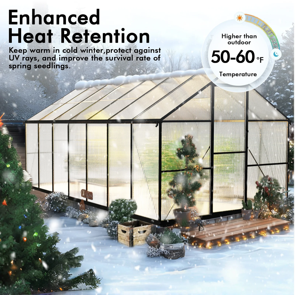 WUKHG 8x14FT Outdoor Greenhouse, Heavy-Duty Walk-in Greenhouse for Garden with Reinforced Aluminum Frame, UV-Resistant Polycarbonate Panels, All-Weather Greenhouse for Winter Planting