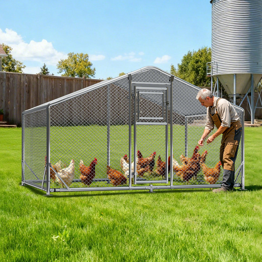 WUKHG Large Walk-In Chicken Coop with Roosting Ladder - 9.8x6.5x6.4FT Metal Chicken Coops with All-Weather Roof, Double Doors, and Predator Protection for Backyard Animals