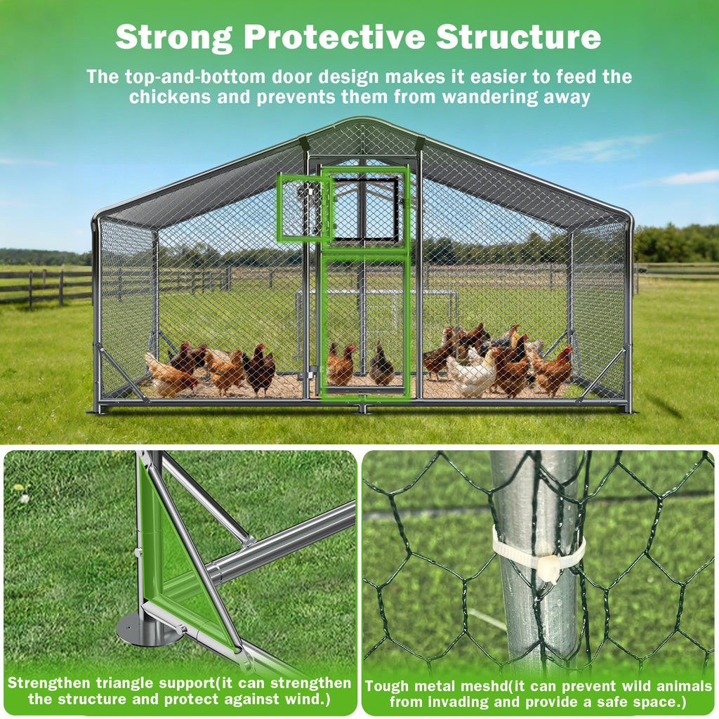 WUKHG Large Walk-In Chicken Coop with Roosting Ladder - 9.8x6.5x6.4FT Metal Chicken Coops with All-Weather Roof, Double Doors, and Predator Protection for Backyard Animals