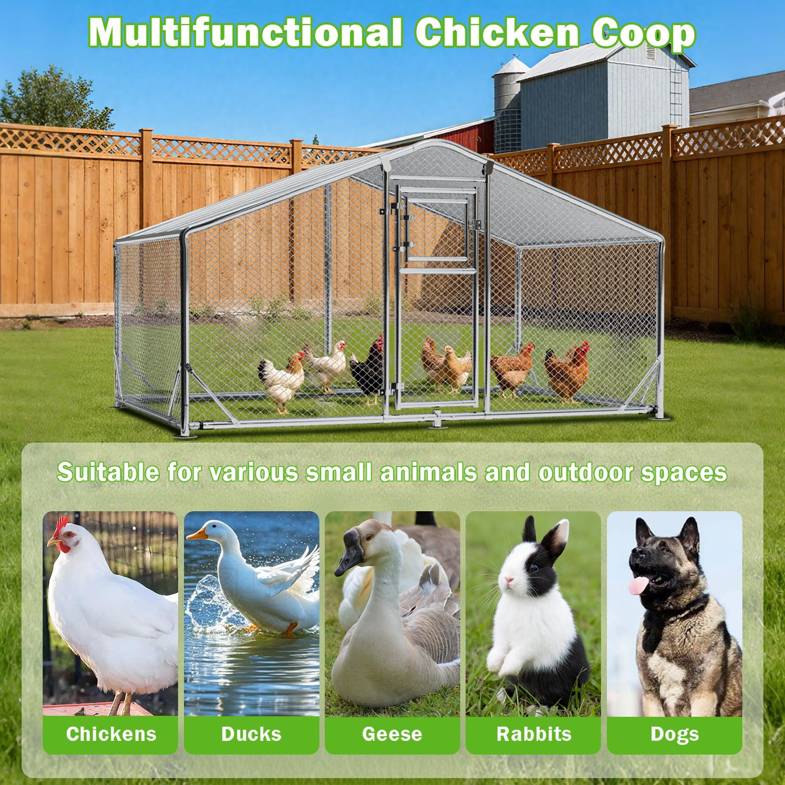 WUKHG Large Walk-In Chicken Coop with Roosting Ladder - 9.8x6.5x6.4FT Metal Chicken Coops with All-Weather Roof, Double Doors, and Predator Protection for Backyard Animals