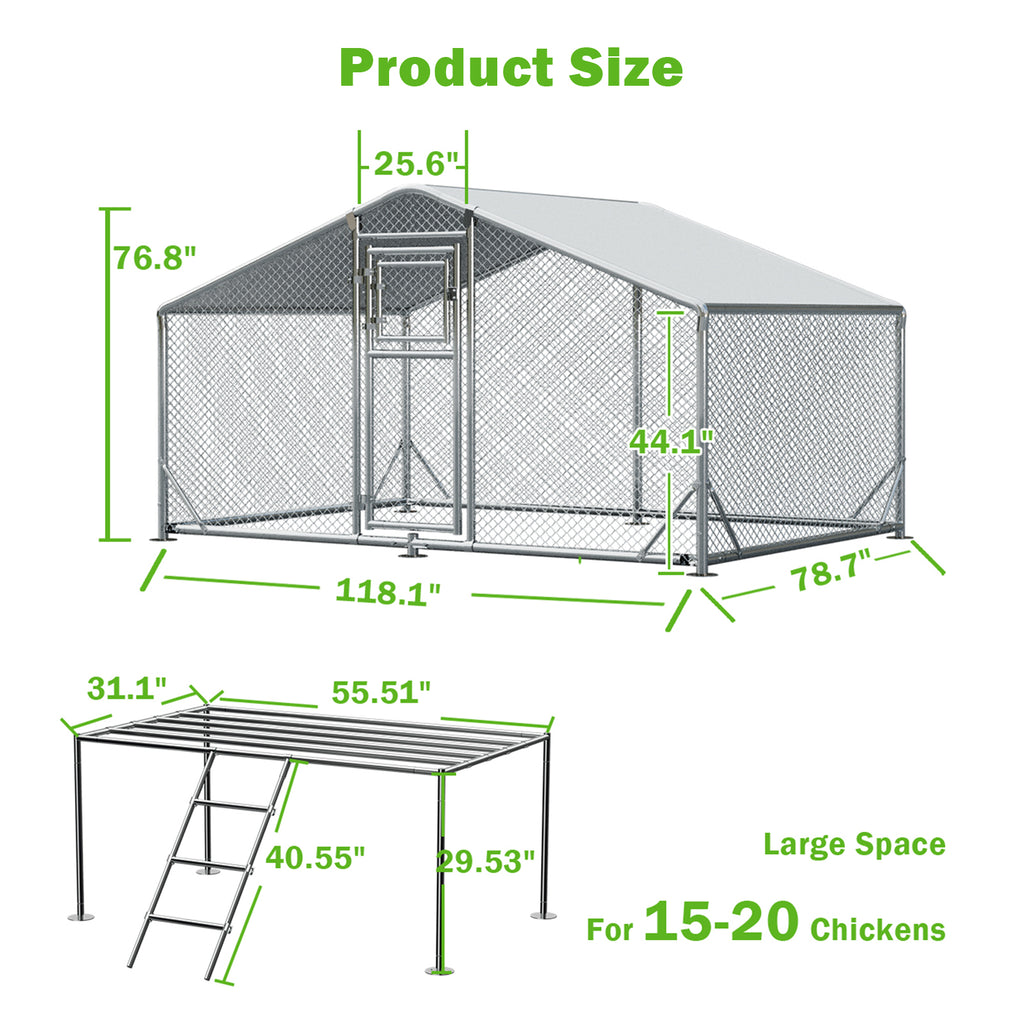 WUKHG Large Walk-In Chicken Coop with Roosting Ladder - 9.8x6.5x6.4FT Metal Chicken Coops with All-Weather Roof, Double Doors, and Predator Protection for Backyard Animals