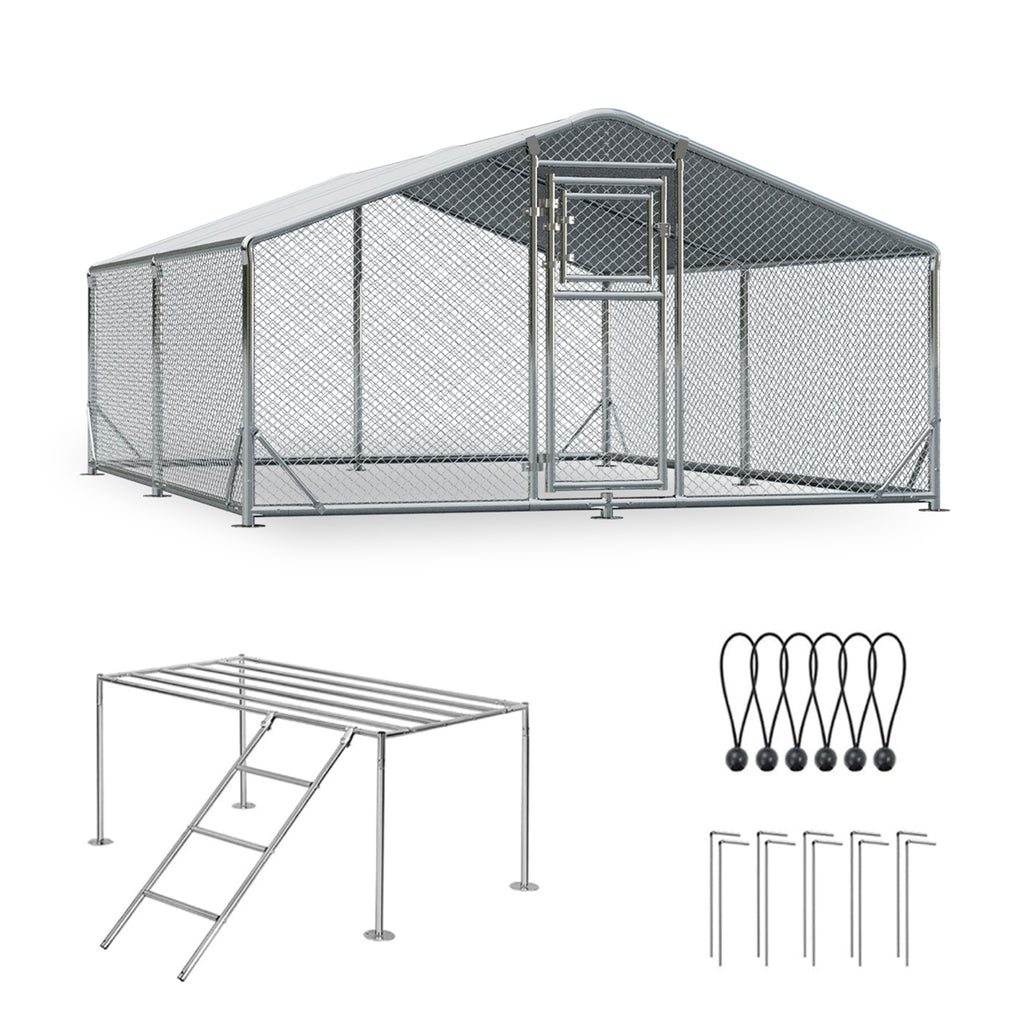 WUKHG Large Walk-In Chicken Coop with Roosting Ladder - 9.8x13.1x6.4FT Metal Chicken Coops with All-Weather Roof, Double Doors, and Predator Protection for Backyard Animals