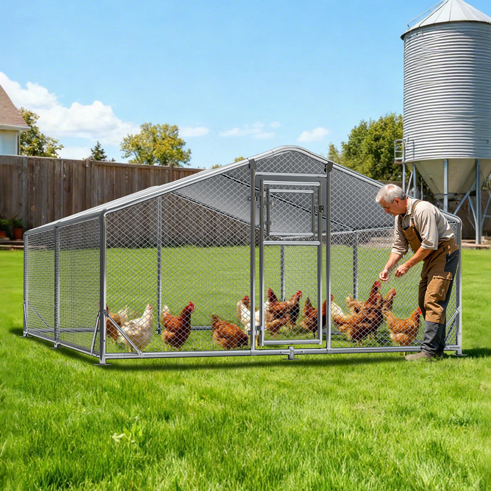 WUKHG Large Walk-In Chicken Coop with Roosting Ladder - 9.8x13.1x6.4FT Metal Chicken Coops with All-Weather Roof, Double Doors, and Predator Protection for Backyard Animals