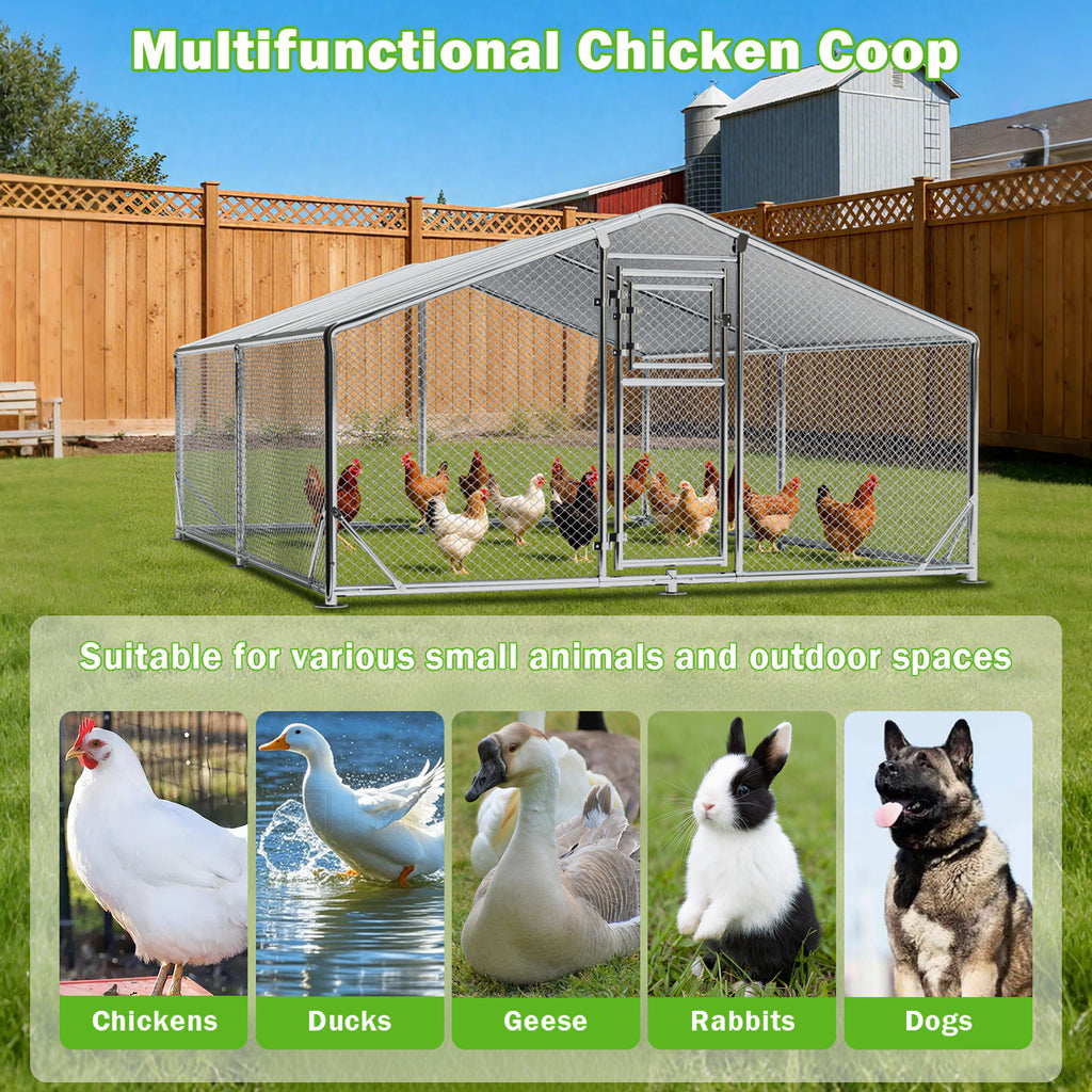 WUKHG Large Walk-In Chicken Coop with Roosting Ladder - 9.8x13.1x6.4FT Metal Chicken Coops with All-Weather Roof, Double Doors, and Predator Protection for Backyard Animals