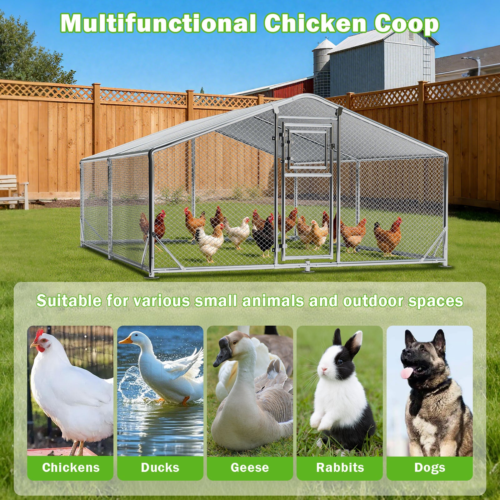 WUKHG Large Walk-In Chicken Coop with Roosting Ladder - 9.8x13.1x6.4FT Metal Chicken Coops with All-Weather Roof, Double Doors, and Predator Protection for Backyard Animals