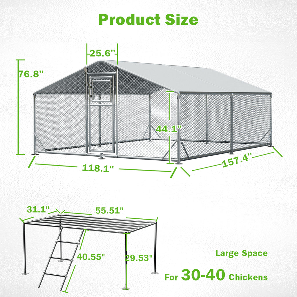 WUKHG Large Walk-In Chicken Coop with Roosting Ladder - 9.8x13.1x6.4FT Metal Chicken Coops with All-Weather Roof, Double Doors, and Predator Protection for Backyard Animals