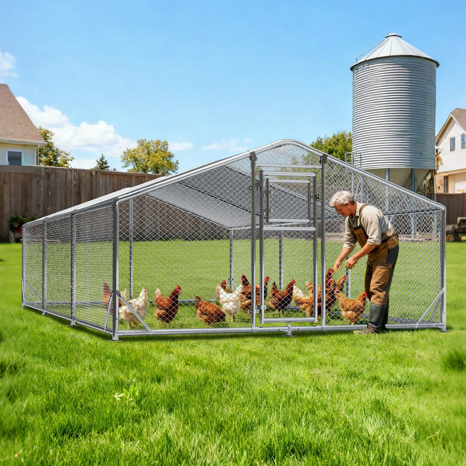 WUKHG Large Walk-In Chicken Coop with Roosting Ladder - 9.8x19.7x6.4FT Metal Chicken Coops with All-Weather Roof, Double Doors, and Predator Protection for Backyard Animals